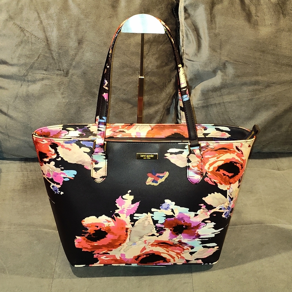 KATE SPADE NEW YORK SMALL TALLY BLURRY FLORAL LAUREL WAY BLACK TOTE